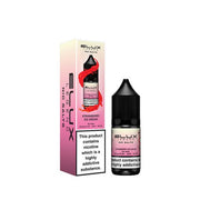 A pack of 10x 10ml Elux Legend Nic Salt E-Liquid bottles in Strawberry Ice Cream flavor, with nicotine strengths of 10mg and 20mg, displayed in a box with branding and product information.